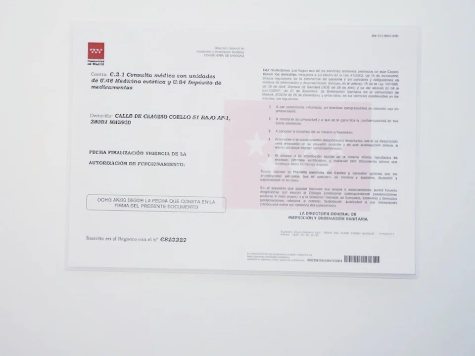 Autorización de funcionamiento de la Comunidad de Madrid para el centro de Calle Claudio Coello 51, registro CS22222