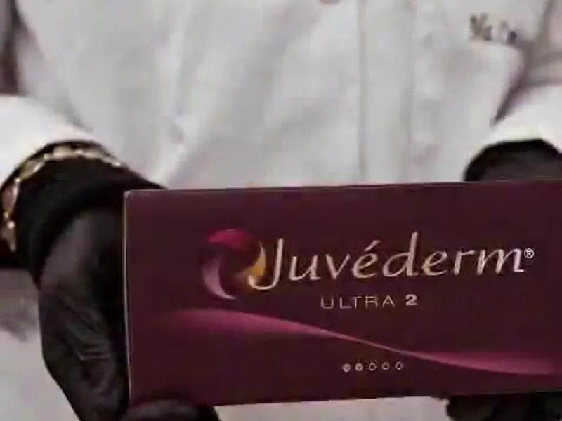 Médico con guantes mostrando una caja de Juvéderm Ultra 2